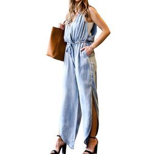 42POPS Light Blue Denim Sleeveless Slit Leg Pocket Jumpsuit Women Size M